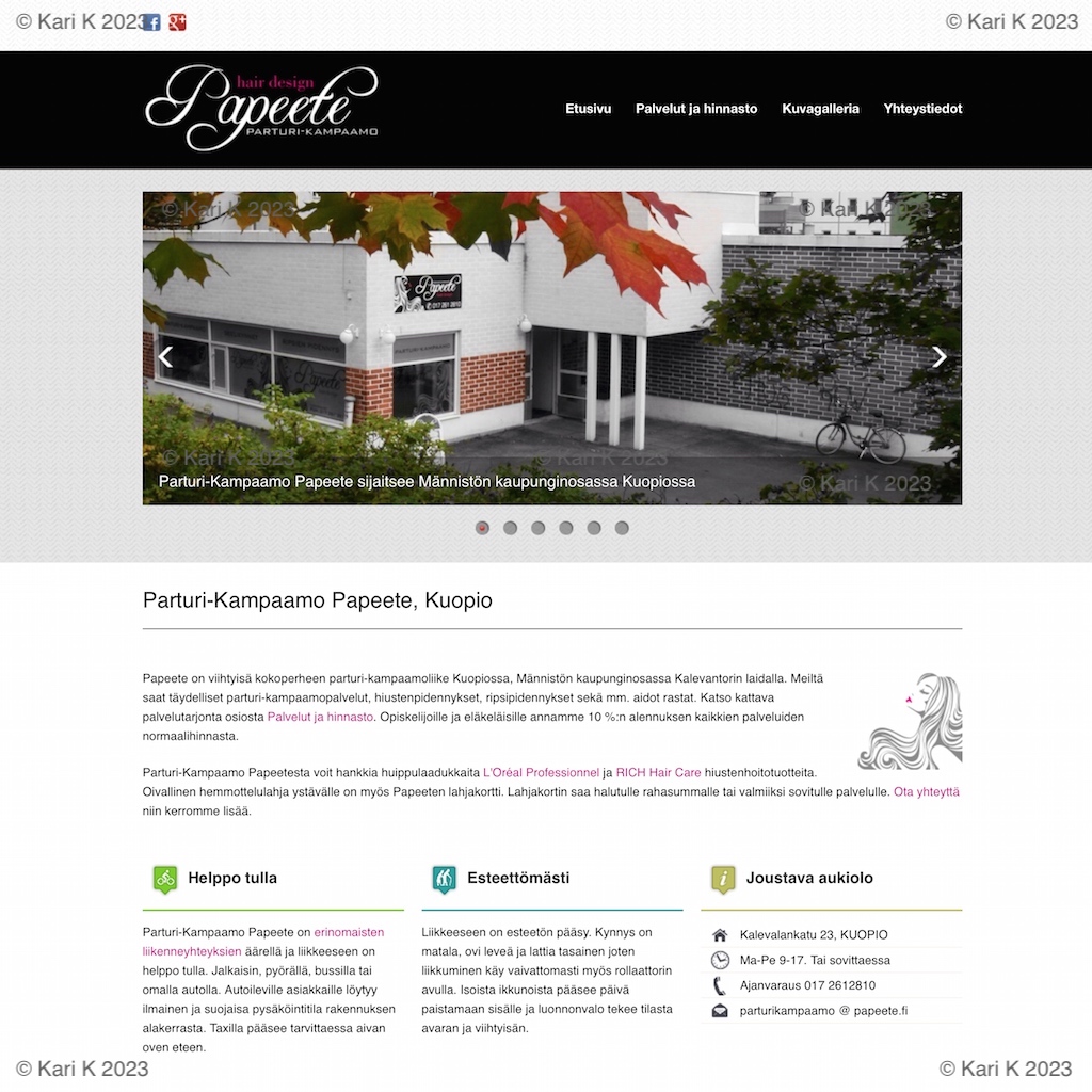 Parturi-Kampaamo Papeeten kotisivun kuvake. Valokuva Papeeten toimitilan julkisivusta syksyllä ruska-aikaan.